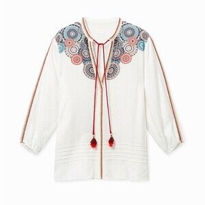 BOHO Desigual Women's Embroidered Flared viscose Mandala Top Blouse White (L)